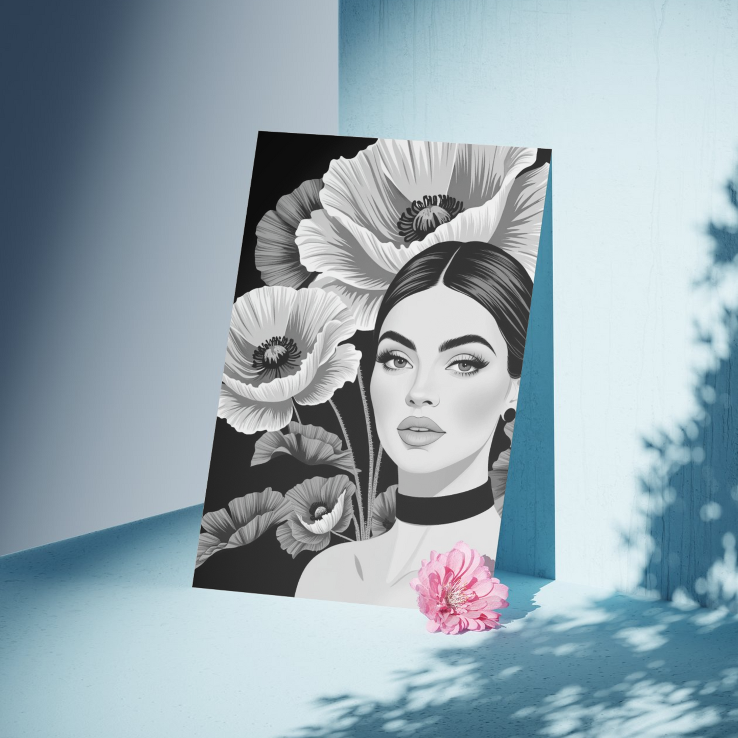 Poster Frau mit Mohnblumen-Design von Ruhrpott-Rebellion.de, perfekt für stilvolle Raumgestaltung.