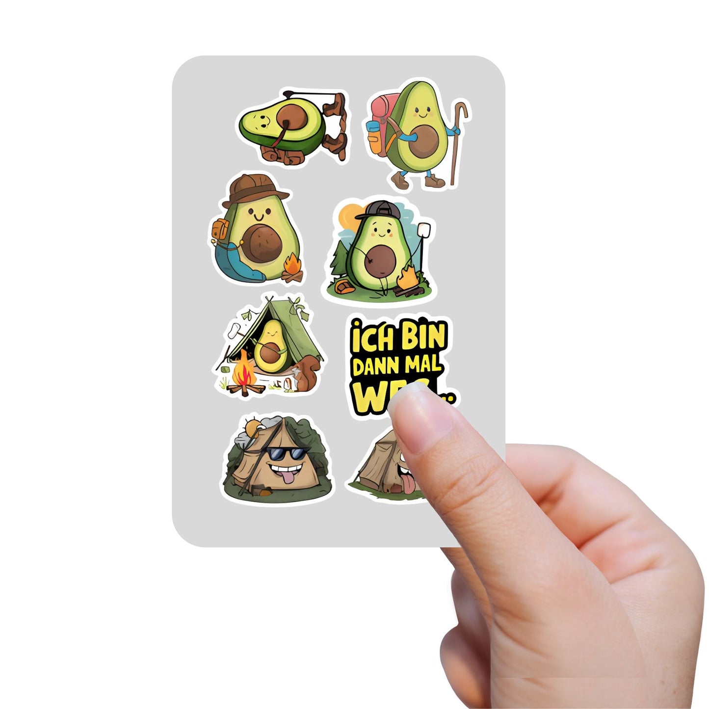 Avocado Sticker beim Campen und Wandern – auf weißer oder transparenter Folie