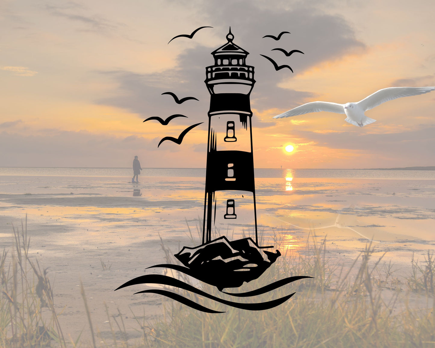 Leuchtturm SVG Datei maritimes Motiv mit Möwen und Wellen