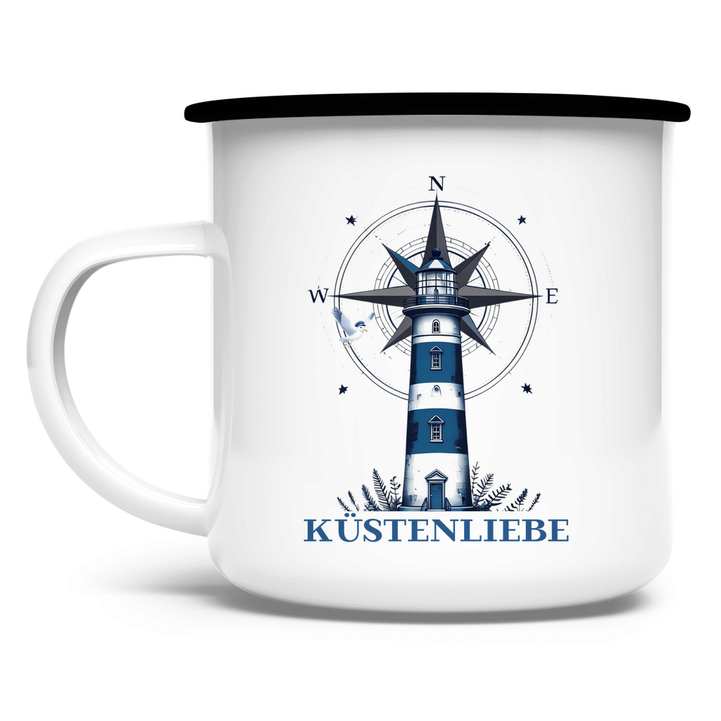 Emaille Tasse Küstenliebe mit Leuchtturm und Kompass