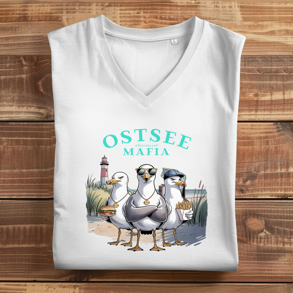 Damen V-Ausschnitt T-Shirt „Ostsee Mafia“ vor Dünen und Meer