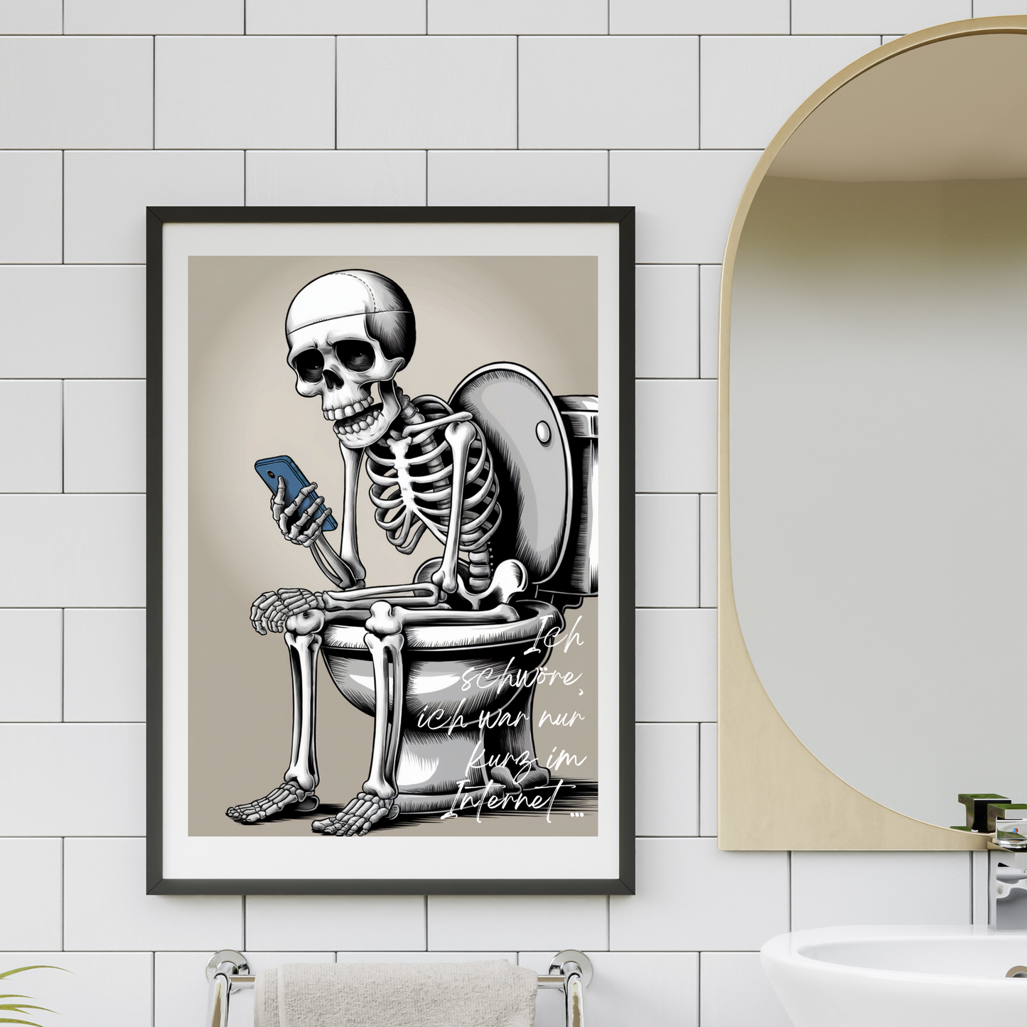 Dekoratives Poster Skelett mit Handy auf Toilette von Ruhrpott-Rebellion.de,