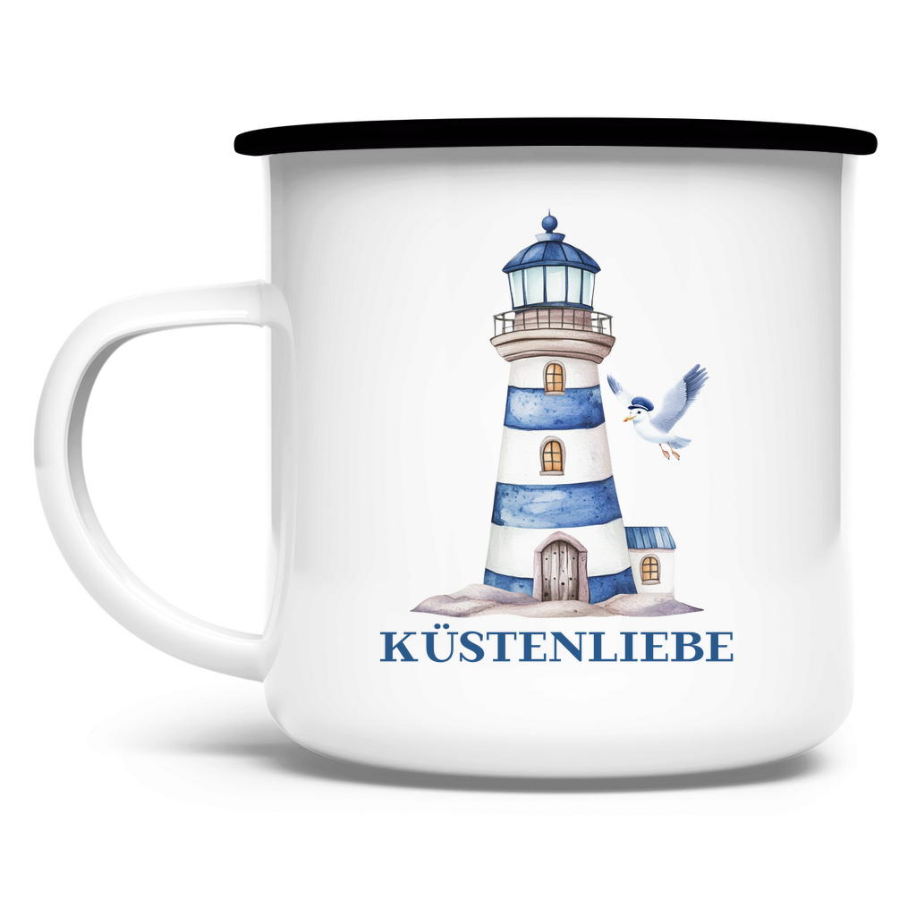 Emaille Tasse Küstenliebe mit Leuchtturm