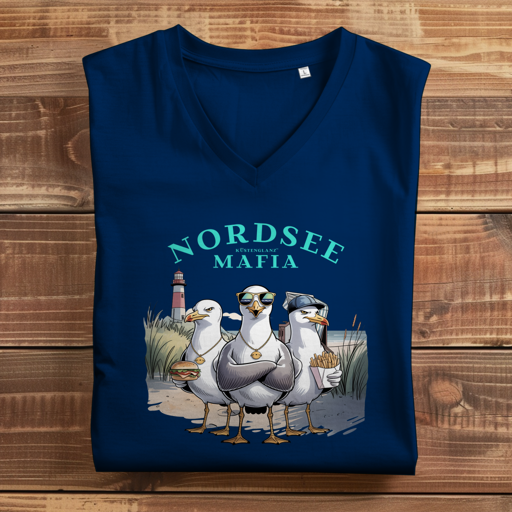 Damen Bio V-Neck „Nordsee Mafia“ – maritimes T-Shirt mit Möwen Crew vor Dünen