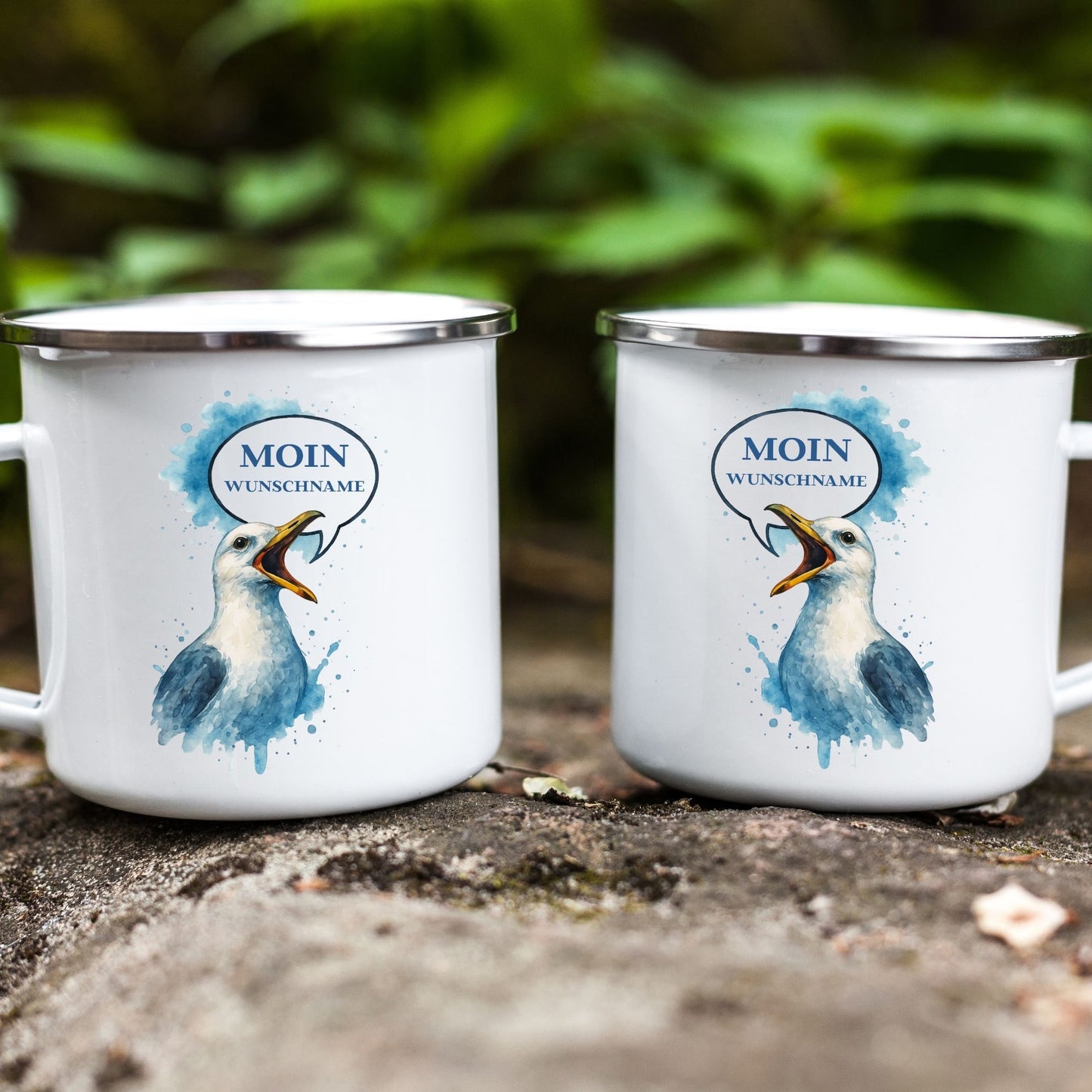 Emaille Tasse Möwe Moin mit Wunschname