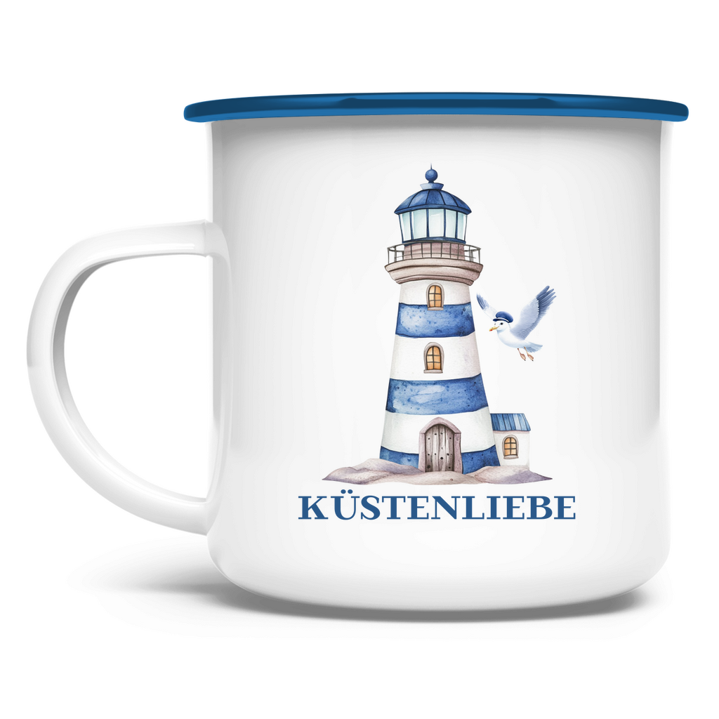 Emaille Tasse Küstenliebe mit Leuchtturm