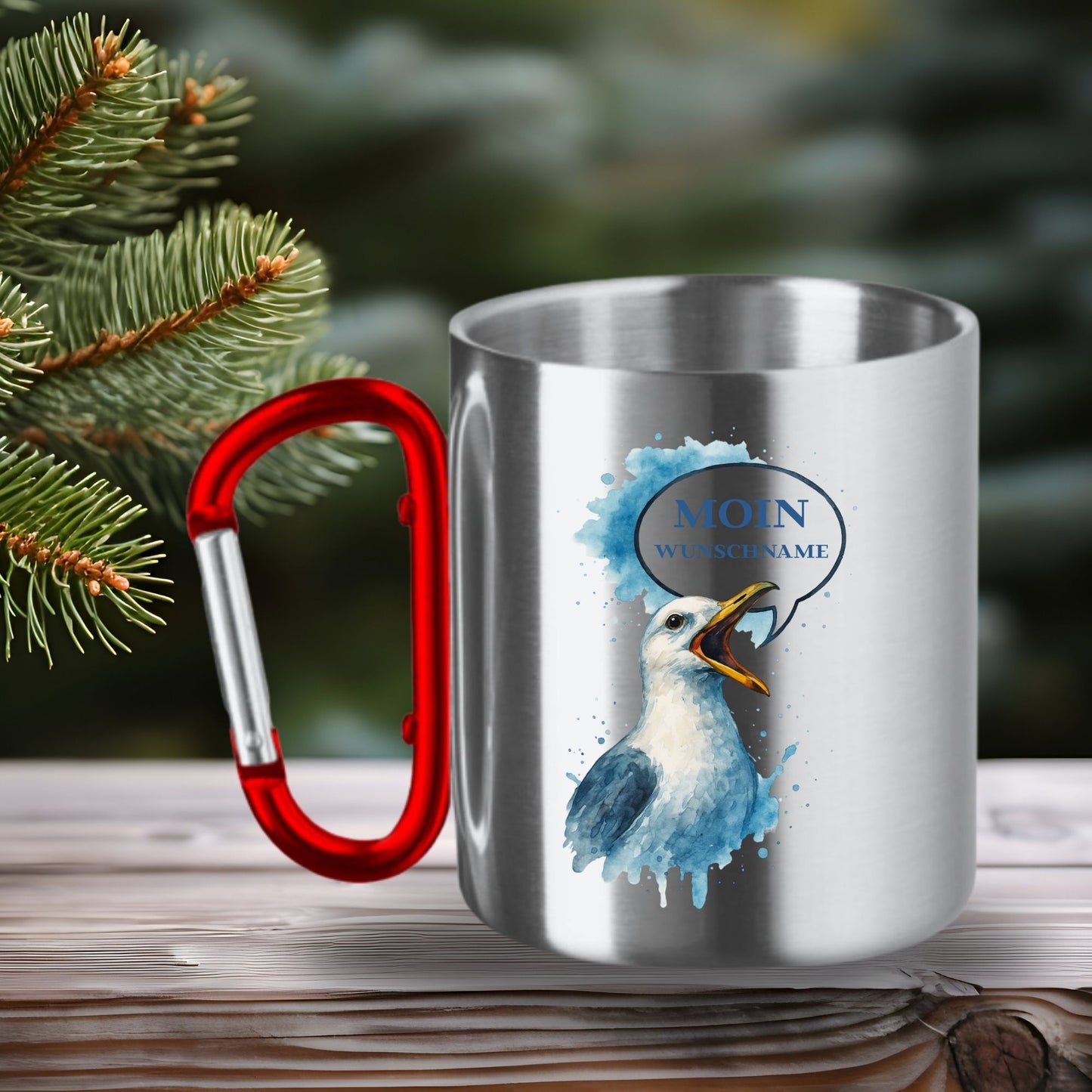 Edelstahltasse mit Karabinergriff Moin mit Wunschname