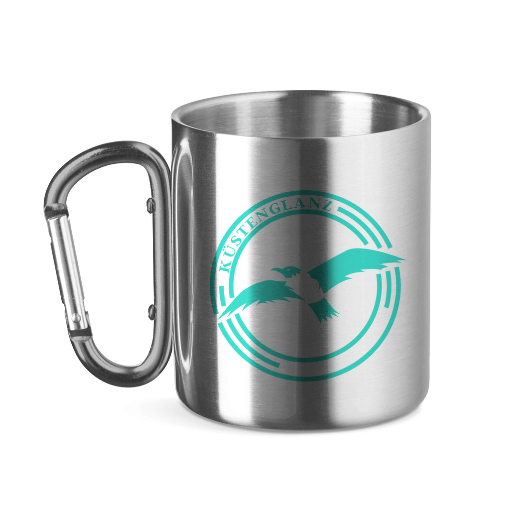 Edelstahltasse mit Karabinergriff Küstenglanz Logo