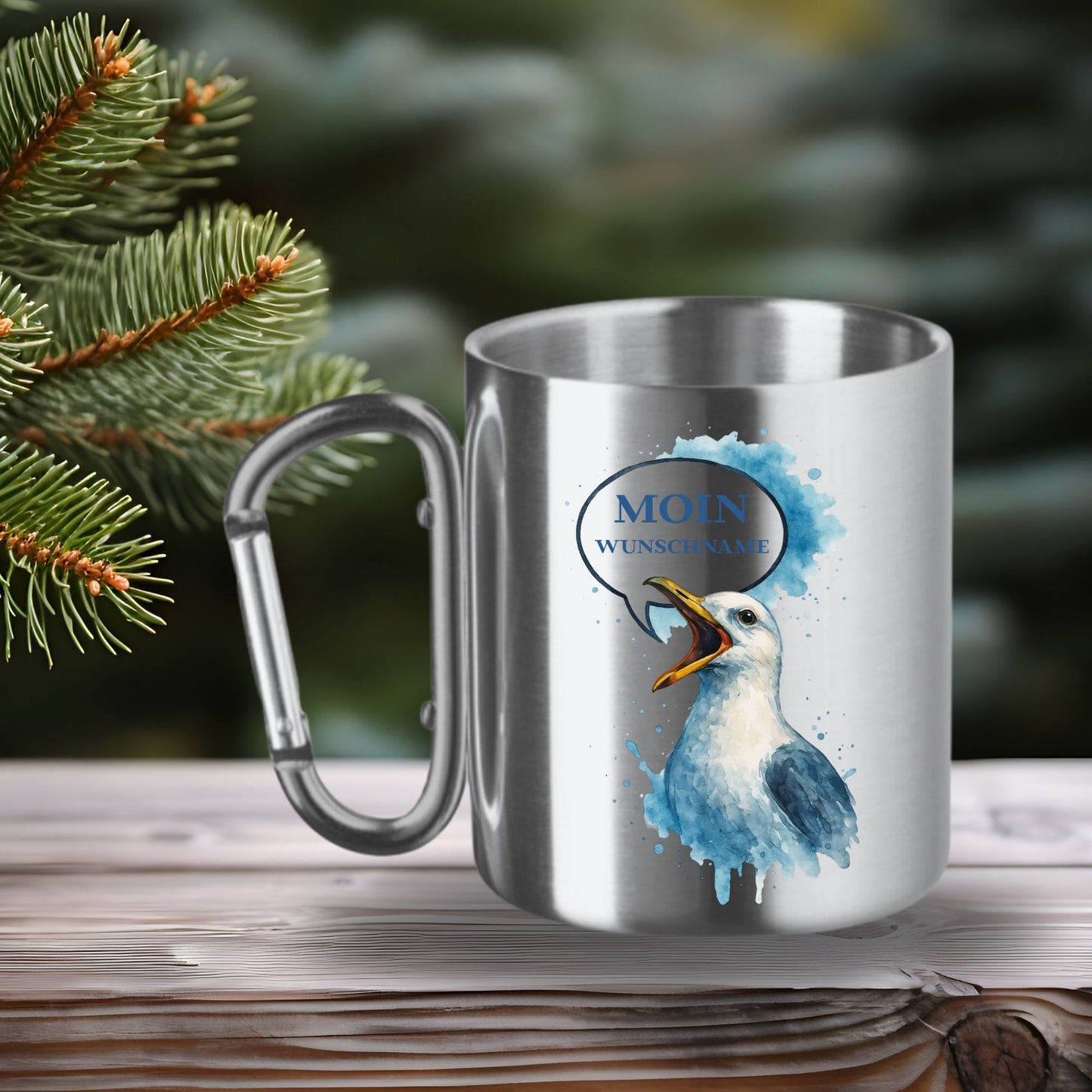 Edelstahltasse mit Karabinergriff Moin mit Wunschname