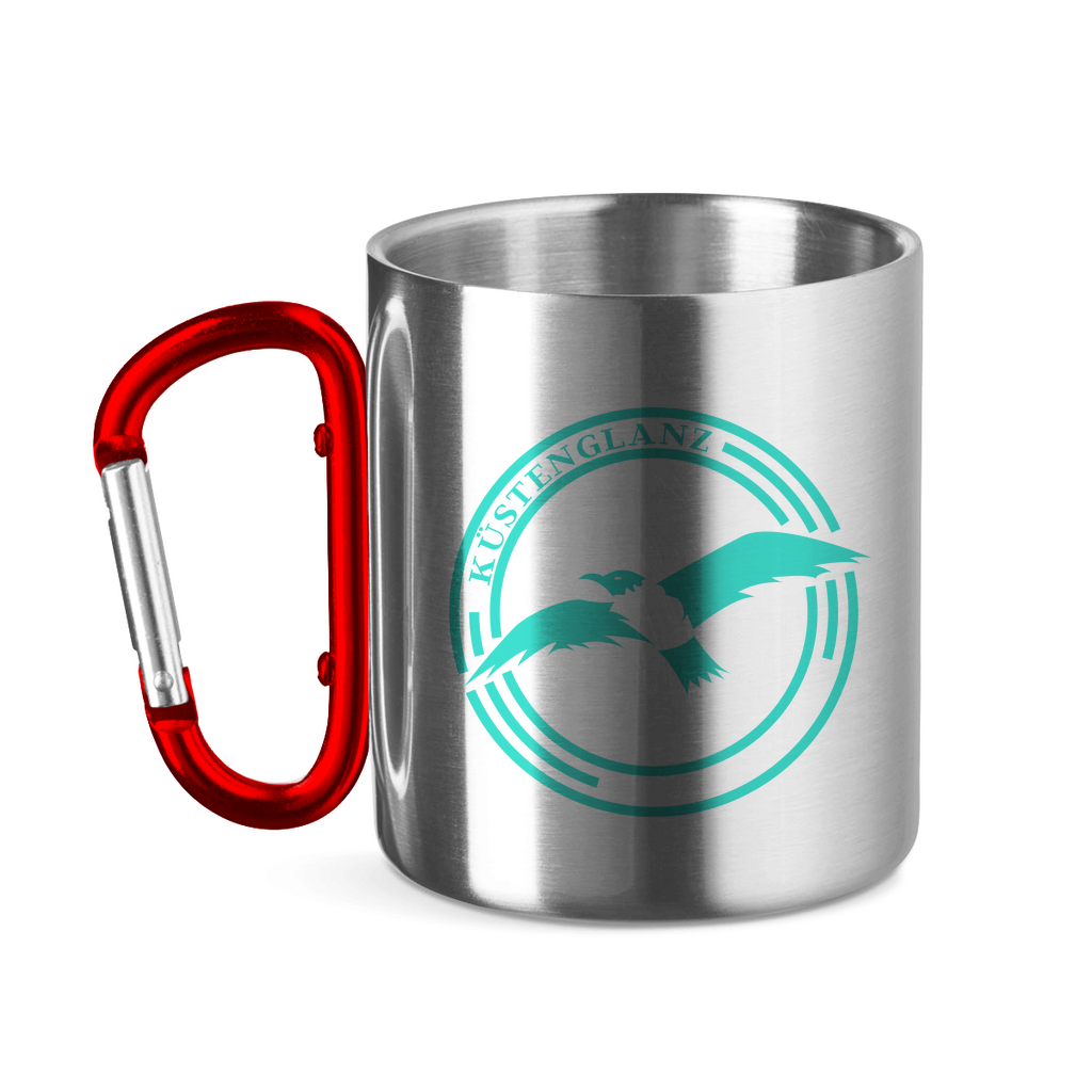 Edelstahltasse mit Karabinergriff Küstenglanz Logo