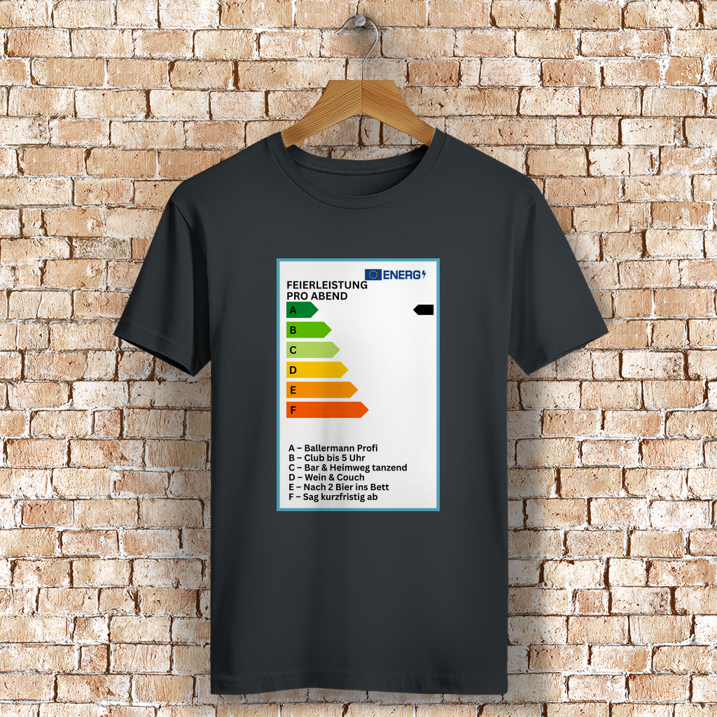 T-Shirt „Feierleistung pro Abend“ – Energielabel Satire-Shirt