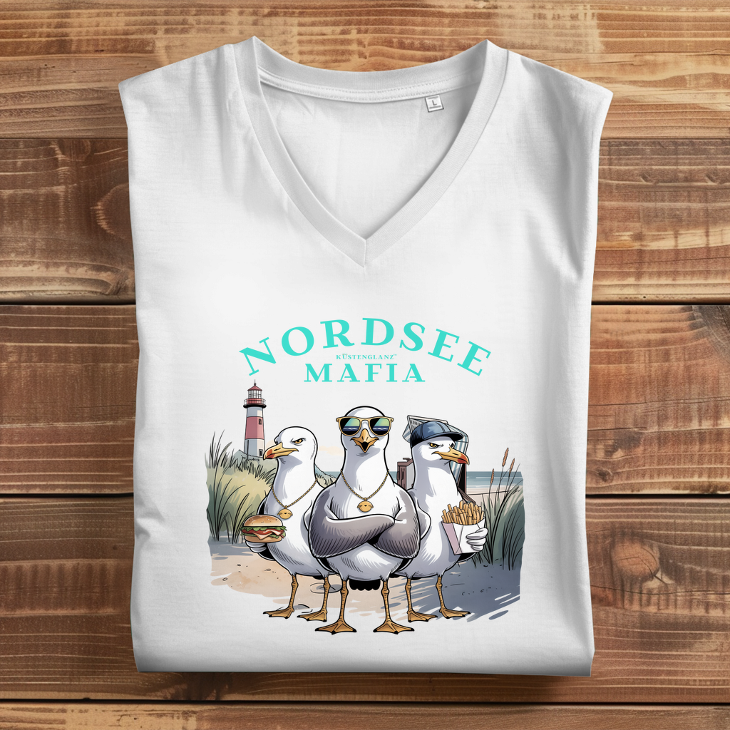 Küstenhumor T-Shirt Damen – Nordsee Mafia V-Ausschnitt, nachhaltige Bio Baumwolle