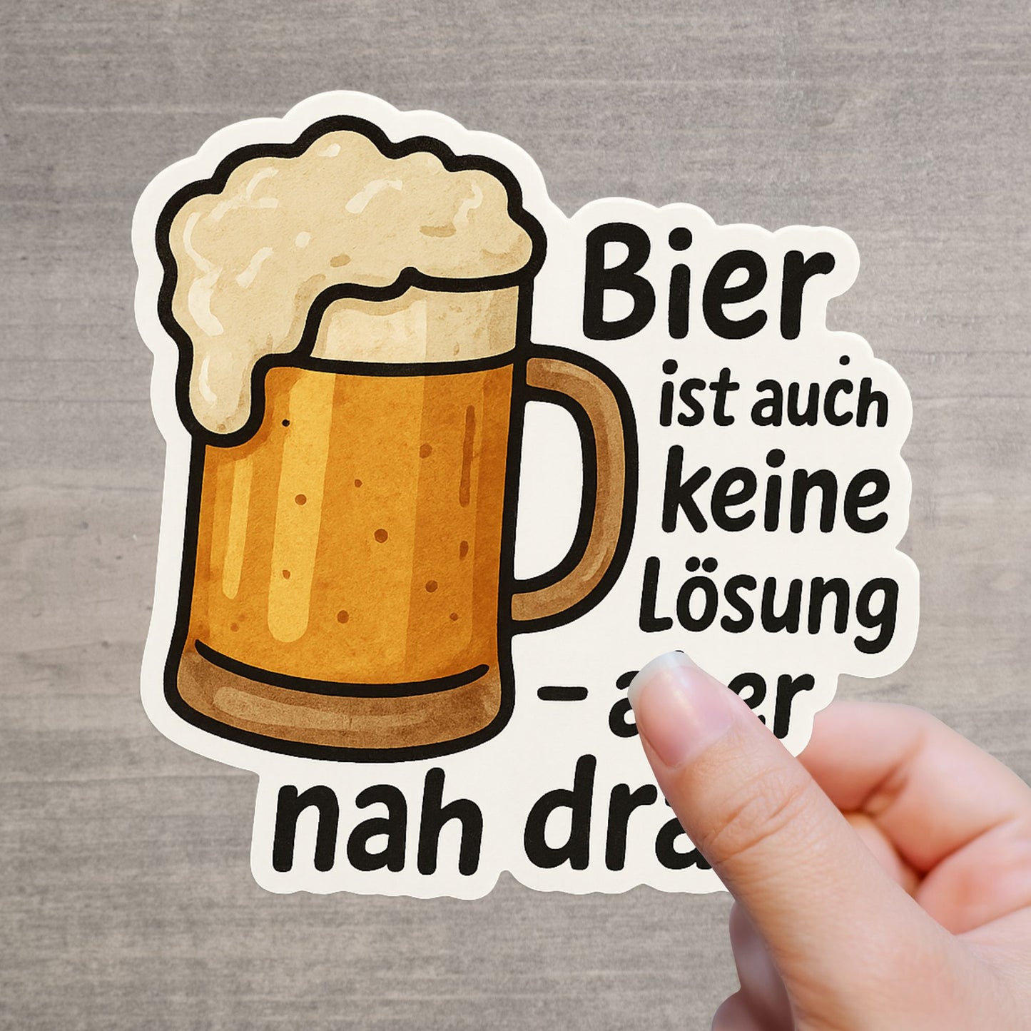 Lustiger Bier-Spruch Sticker – Bier ist keine Lösung – Aufkleber mit Cartoon-Bierglas auf weißem Hintergrund