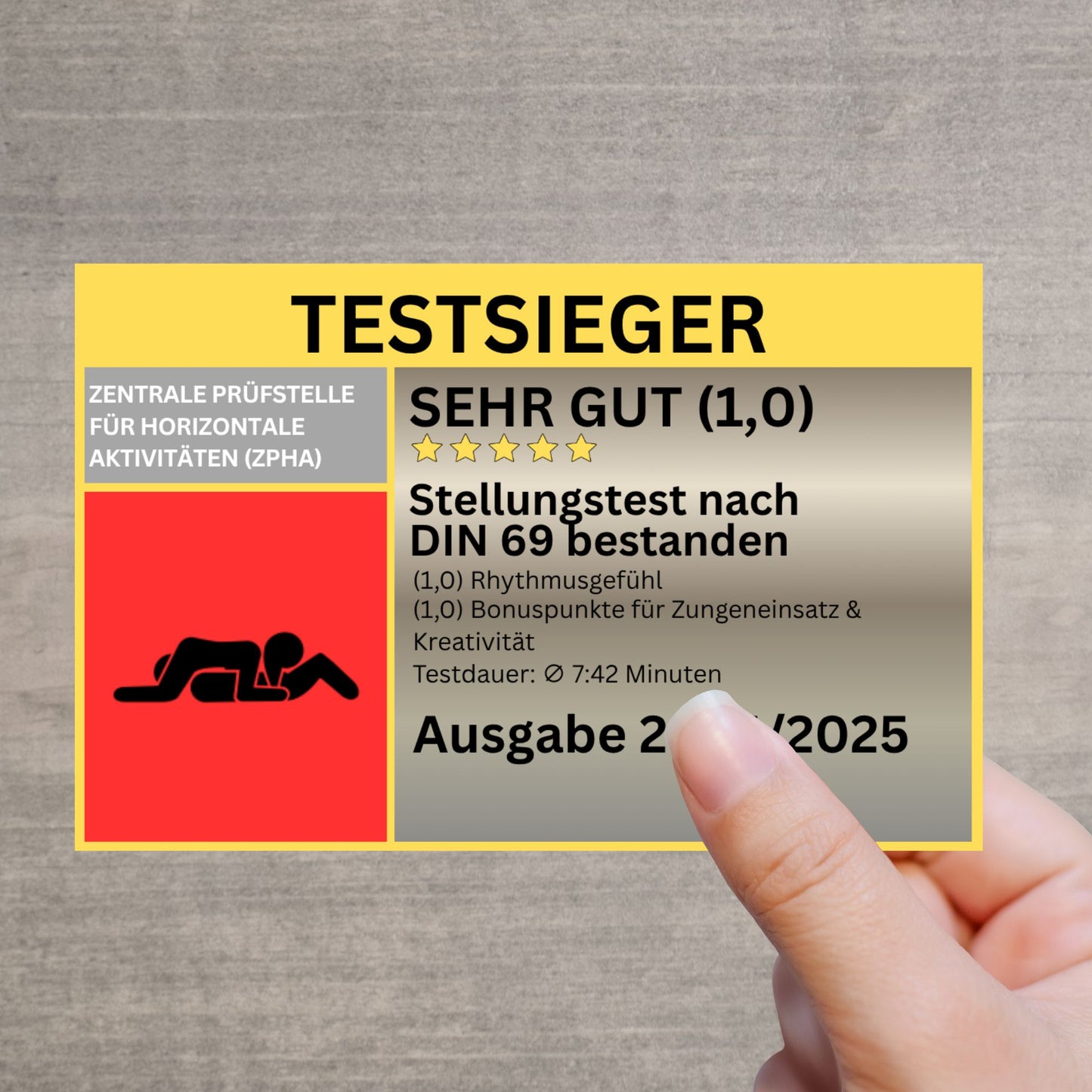 Lustiger DIN 69 Stellungstest Sticker – getestet & mit 1,0 bewertet – Erotik Gag mit Prüfdesign