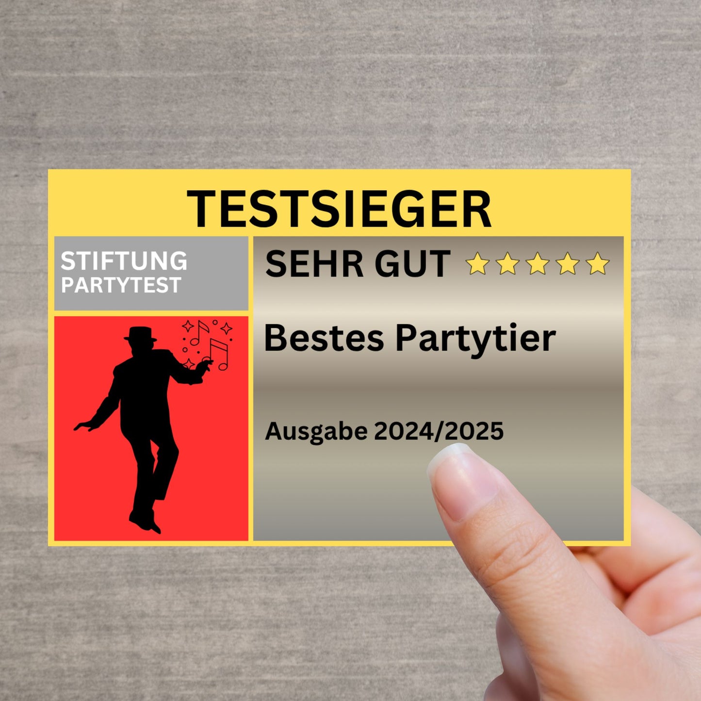 Testsieger-Sticker Bestes Partytier – 5-Sterne Bewertung der Stiftung Partytest – lustiger Gag für Festival & JGA