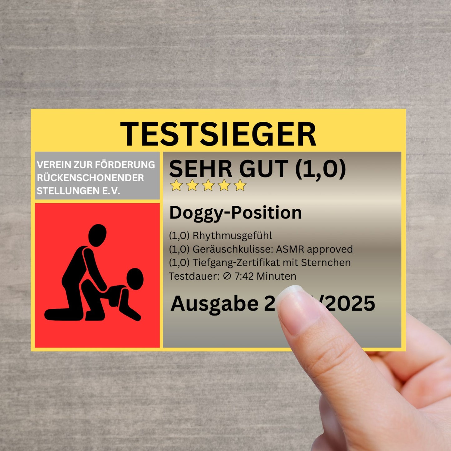 Lustiger Testsieger-Sticker Doggy-Position – Erotik Gag mit Note 1,0 – Humor für Erwachsene