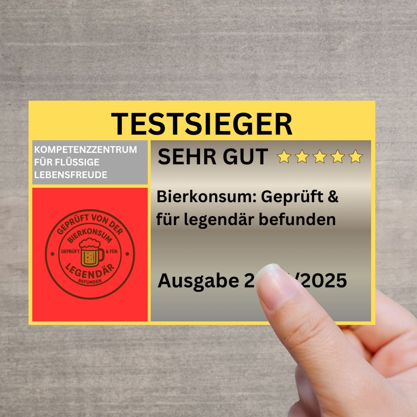 Lustiger Testsieger-Sticker für Bierkonsum – geprüft & für legendär befunden – Party-Gag für Männer und Festivals