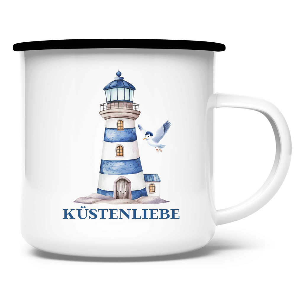 Emaille Tasse Küstenliebe mit Leuchtturm