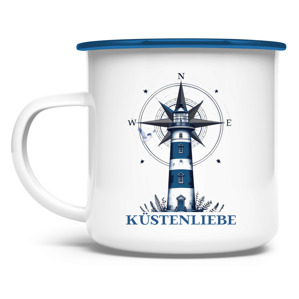 Emaille Tasse Küstenliebe mit Leuchtturm und Kompass