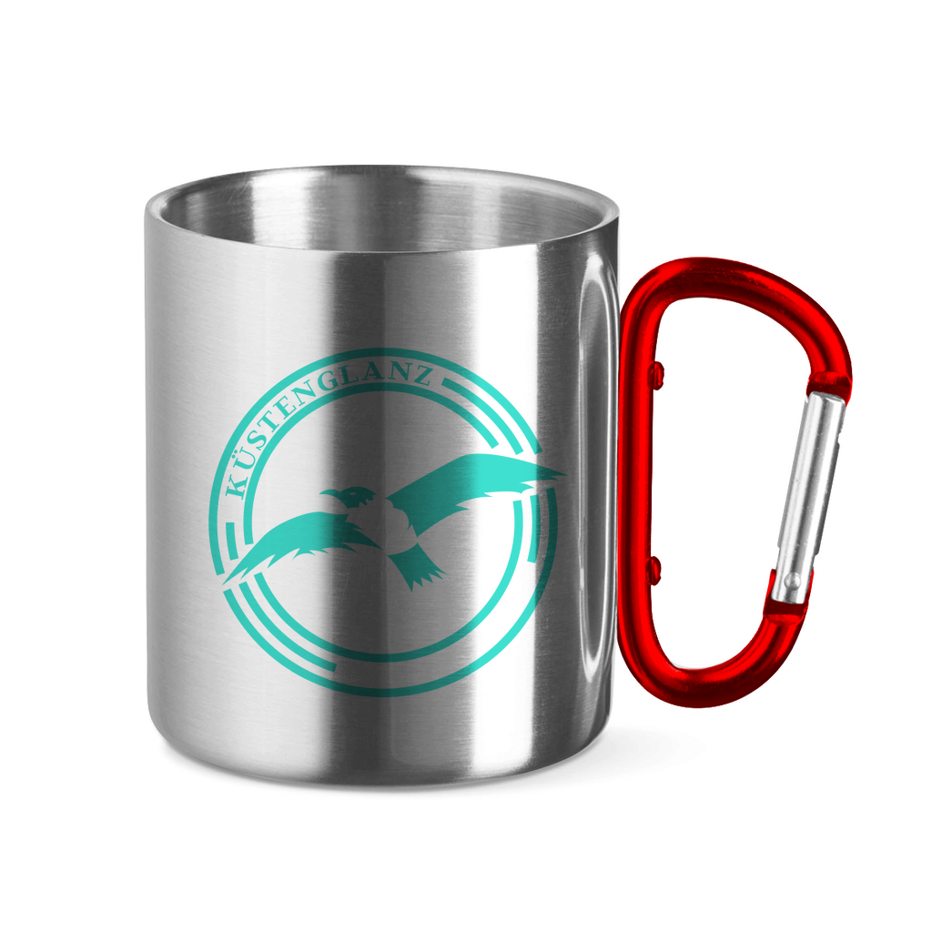 Edelstahltasse mit Karabinergriff Küstenglanz Logo
