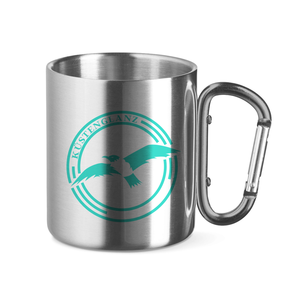 Edelstahltasse mit Karabinergriff Küstenglanz Logo