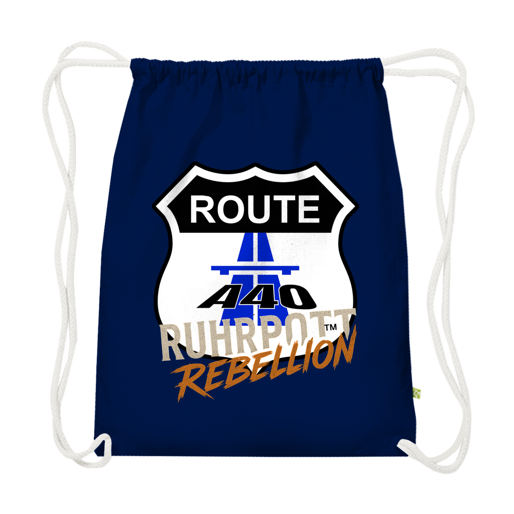 Premium Bio Turnbeutel French Navy mit Route A40 Ruhrpott Rebellion Design