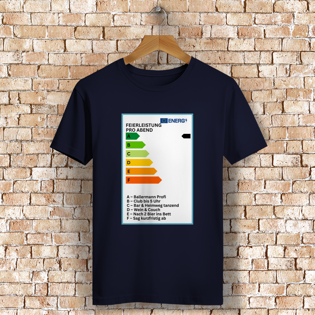 T-Shirt „Feierleistung pro Abend“ – Energielabel Satire-Shirt