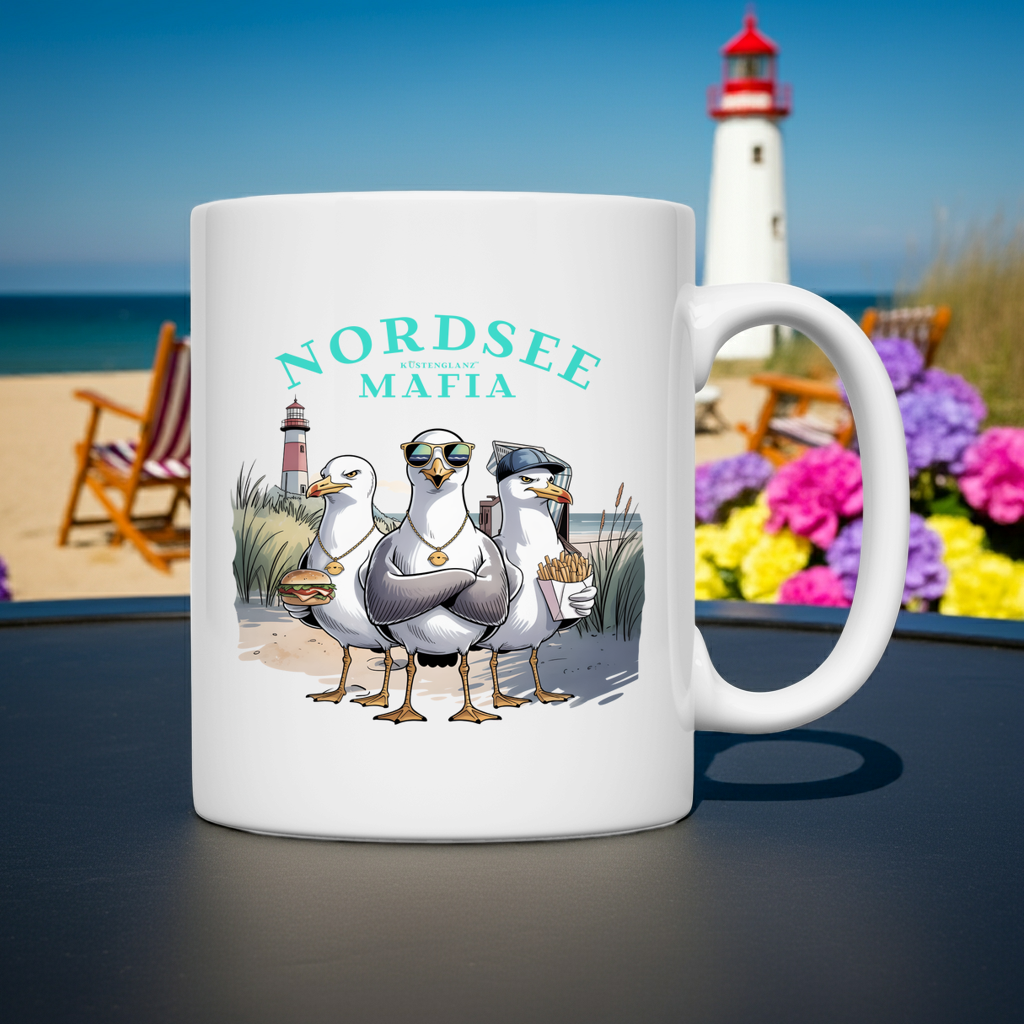 Nordsee Mafia Keramiktasse mit Comic-Möwen und Leuchtturm, 330 ml, weiß glänzend
