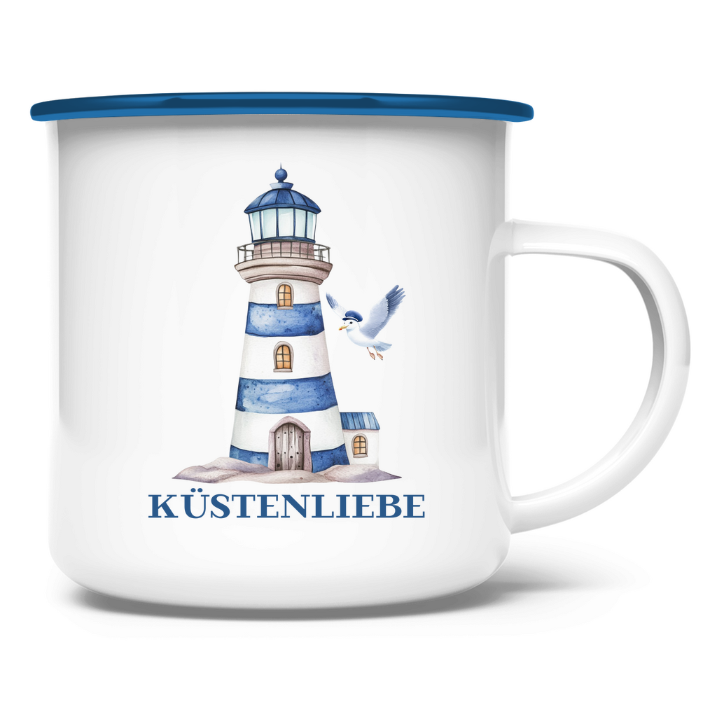 Emaille Tasse Küstenliebe mit Leuchtturm