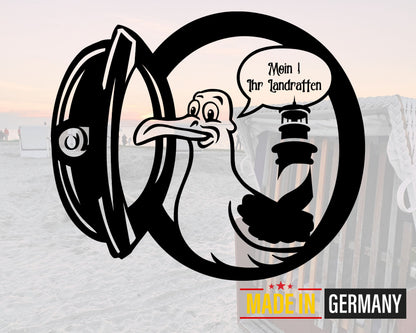 Möwe im Bullauge – Maritimer Vinyl-Aufkleber „Moin, ihr Landratten!“