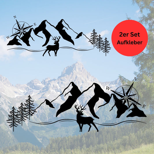 Vinyl-Aufkleber 2er-Set mit Hirsch und Bergen von Ruhrpott-Rebellion.de, ideal für Natur- und Outdoor-Fans.