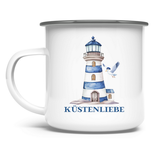 Emaille Tasse Küstenliebe mit Leuchtturm