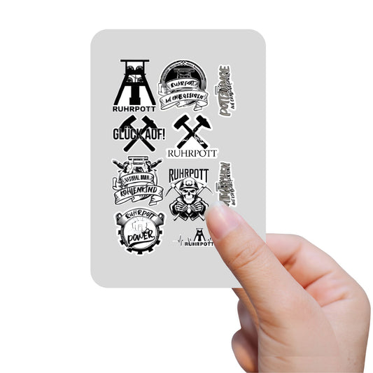 Ruhrpott Stickerbogen mit Bergbau Symbolen und Heimatliebe Sprüchen