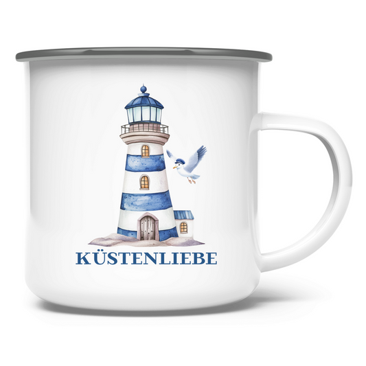 Emaille Tasse Küstenliebe mit Leuchtturm