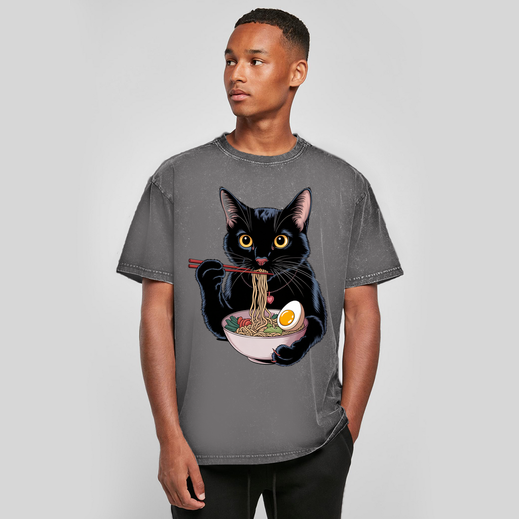 Oversize Washed T-Shirt Asian Cat