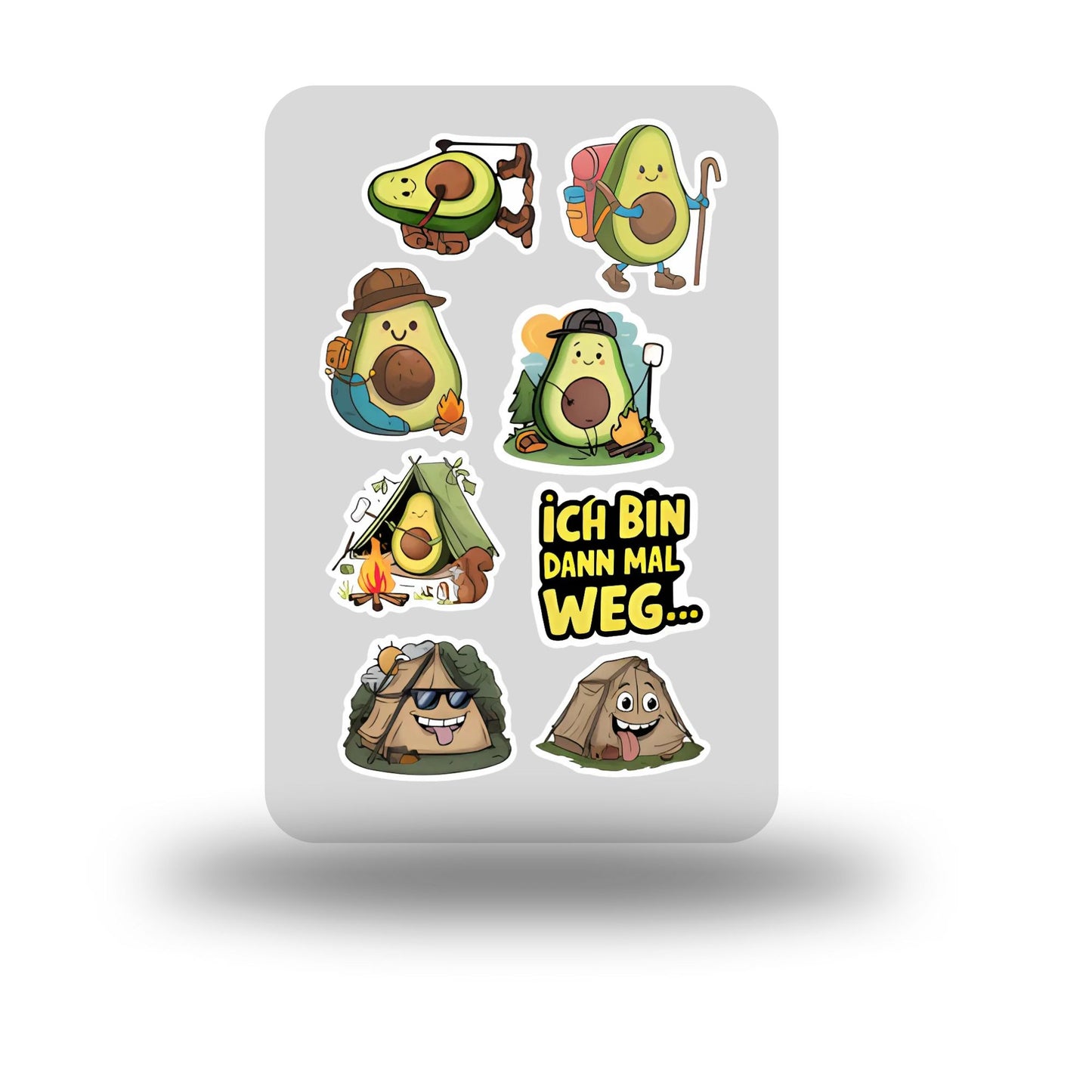 Lustiger Camping Stickerbogen mit Outdoor-Motiven und Zelten