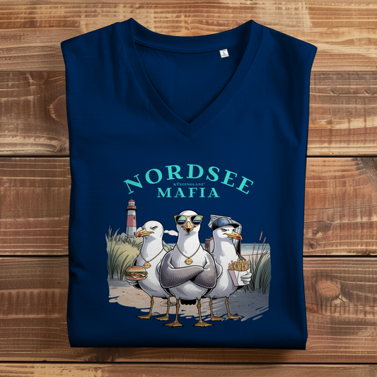 Damen Bio V-Neck „Nordsee Mafia“ – maritimes T-Shirt mit Möwen Crew vor Dünen