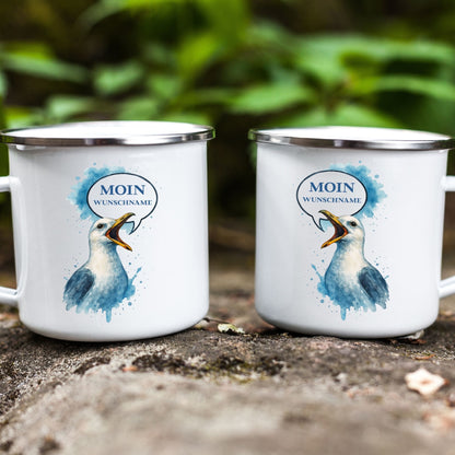 Emaille Tasse Möwe Moin mit Wunschname