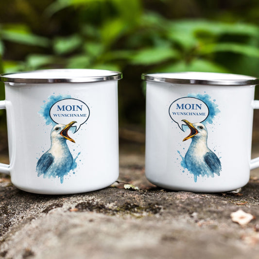 Emaille Tasse Möwe Moin mit Wunschname