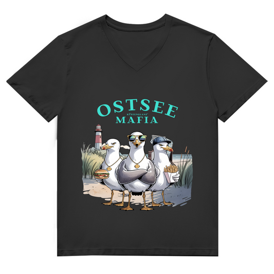 Maritimes Herren T-Shirt „Ostsee Mafia“ mit V-Ausschnitt, Dünen & Leuchtturm