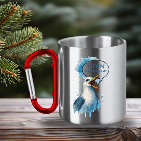 Edelstahltasse mit Karabinergriff Moin mit Wunschname