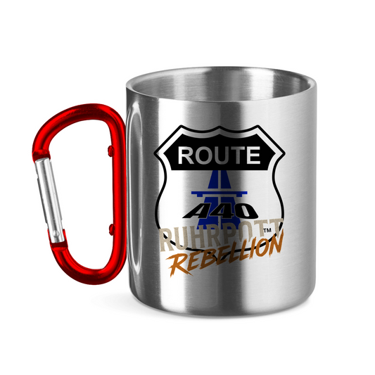 Edelstahltasse mit Karabiner und Route A40 Ruhrpott Rebellion Design