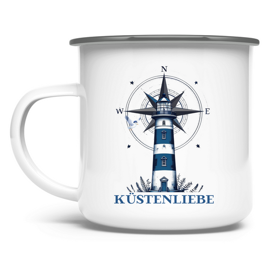 Emaille Tasse Küstenliebe mit Leuchtturm und Kompass
