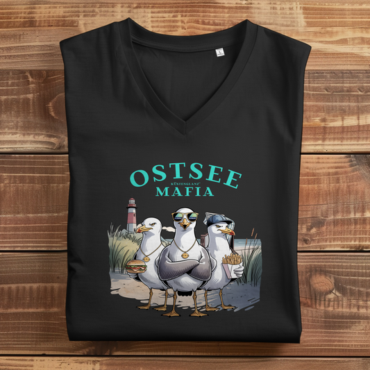 Ostsee Mafia Damen V-Neck T-Shirt mit Möwen Comic und Leuchtturm Motiv