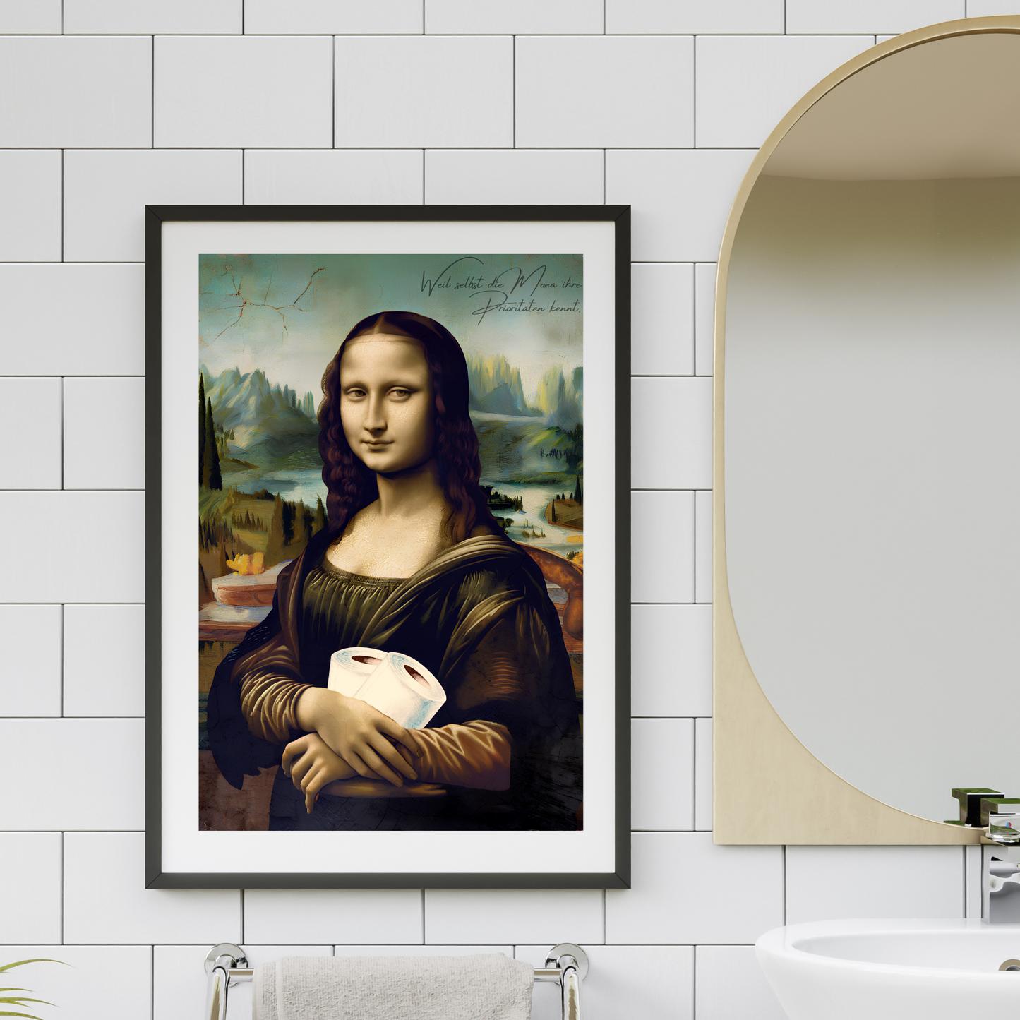 Poster Mona Lisa mit Toilettenpapier-Design von Ruhrpott-Rebellion.de, ideal für witzige Räume."