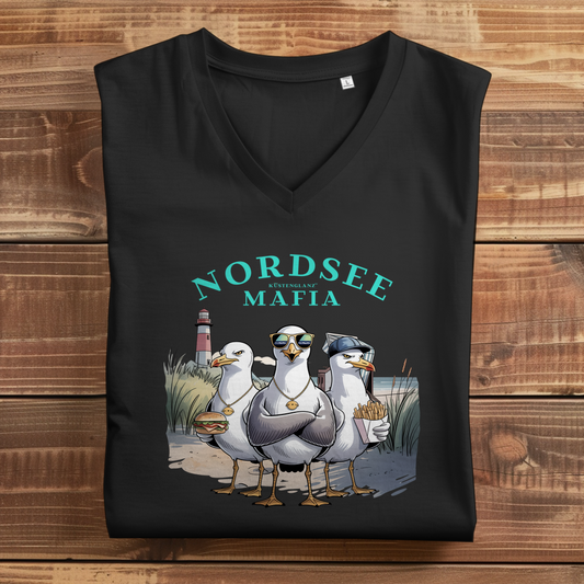 Nordsee Mafia Damen V-Neck mit Möwen-Comic und Leuchtturm Motiv, schwarzes Bio T-Shirt