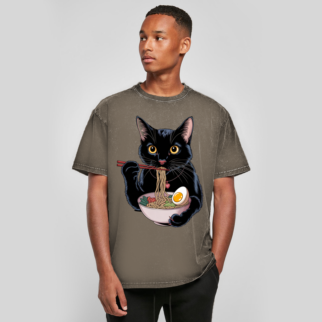 Oversize Washed T-Shirt Asian Cat