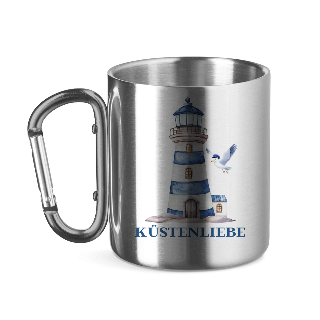 Edelstahltasse mit Karabinergriff Küstenliebe mit Leuchtturm