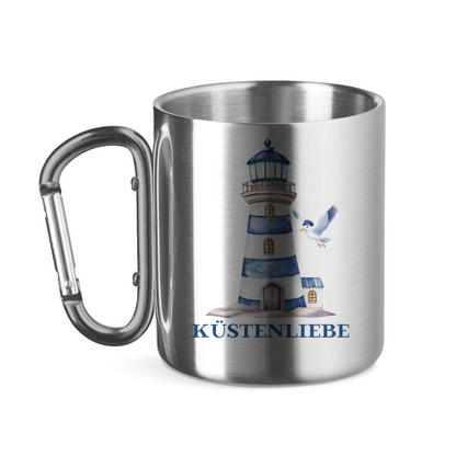 Edelstahltasse mit Karabinergriff Küstenliebe mit Leuchtturm