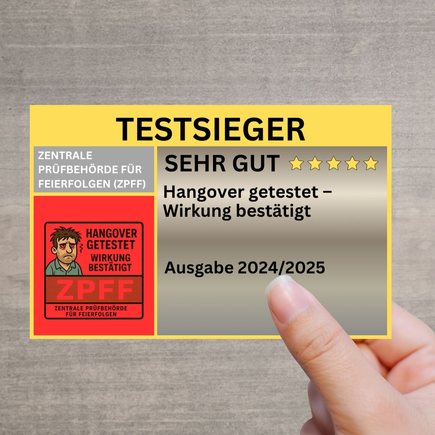 Lustiger Hangover-Sticker – Wirkung bestätigt – geprüfter Katerhumor im Stiftung-Test-Look“